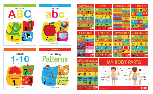 Early Learning Educational 10 Charts Boxset For Kids : Perfect For Homeschooling, Kindergarten and Nursery Students (11.5 Inches X 17.5 Inches) Alphabet, Numbers, Colors, Shapes, Birds, Wild Animals, Fruits, Vegetables, Opposites, My Body Parts