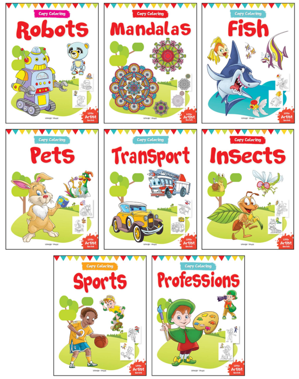 Let's Colour Copy Colouring Boxset : Pack of 8 Books (Transport, Professions, Pets, Fish, Insects, Robots, Mandalas and Sports)