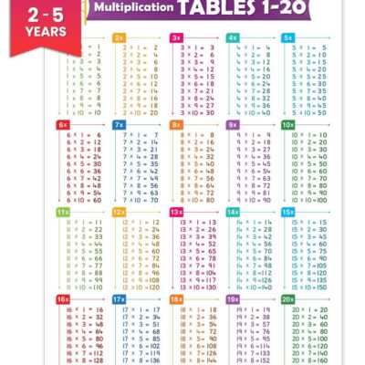 Multiplication Tables Chart 1 to 20 | Maths Tables Chart for Kids | Front Side Plastic Laminated Wall Chart 29.13 X 20.07 (Inch)