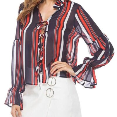 ouxiuli Women's Fashion Slim Fit Striped Print Chiffon Long Sleeve Shirts Wine Red S