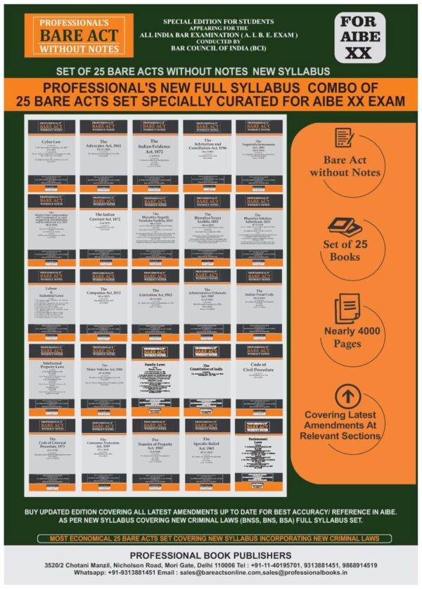 PROFESSIONAL'S AIBE Exam 25 Bare Acts Set without Notes New Syllabus