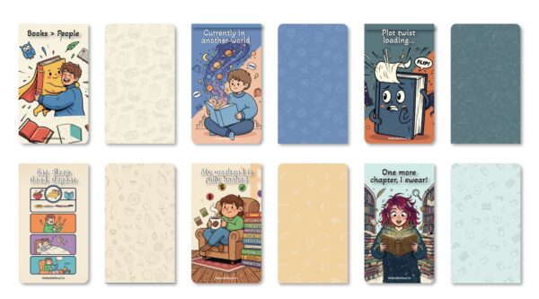 Cozy Bookish Magnetic Bookmark Set featuring aesthetic reading moments and reader life illustrations