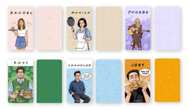 Friends-inspired magnetic bookmark set of 6 featuring Rachel Monica Joey Phoebe Ross Chandler character designs