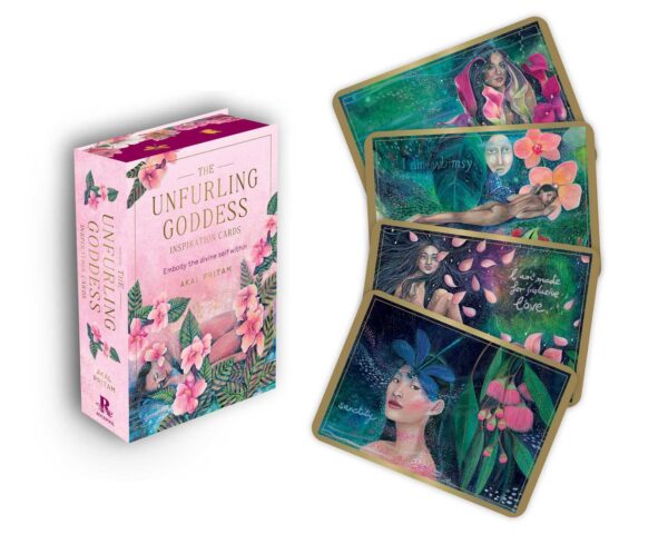 The Unfurling Goddess Inspiration Cards: Embody the Divine Self Within, 44 Gilded Cards, 16-page Full-color Booklet, and a Wooden Stand